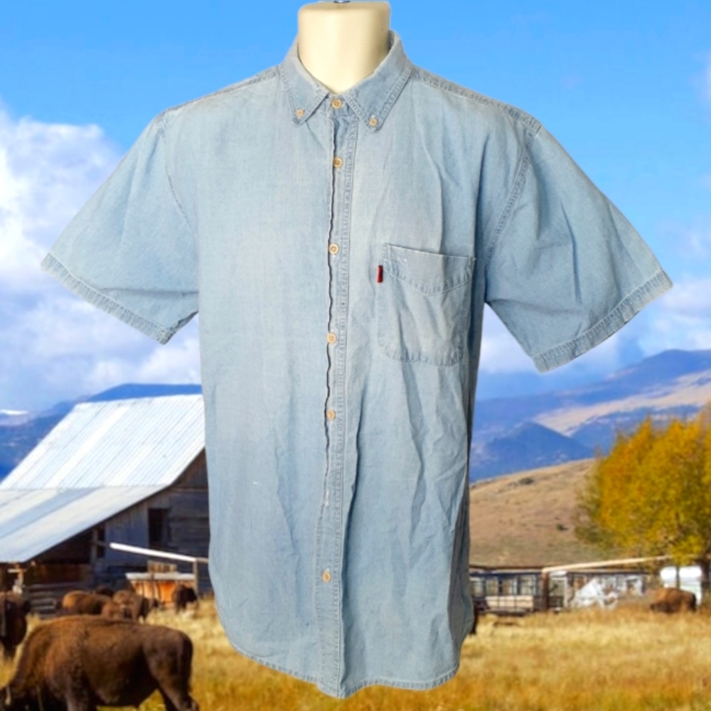 REAL RANCH Blue Denim Short Sleeve Button Down Work Shirt